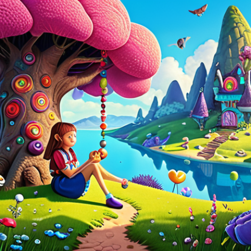 Home 15 **Heejini's Enchanting World:** A vibrant and colorful illustration inspired by Heejini's art style, featuring whimsical characters in a magical landscape. Focus on capturing the sweetness and imaginative quality of her visual storytelling. *Emphasis on bright colors and intricate details.*