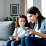 A caring adult mother and her pre-teen child. Both are fully clothed in modest, comfortable, appropriate attire. The mother wears smart casual clothing, and the child is in everyday school clothes. They are seated side-by-side on a sofa, looking at a tablet together. The mother gently points at the screen, engaging in a calm discussion with the child, who is listening intently. The scene conveys trust and open communication about online content, set in a brightly lit, modern living room with natural light. Professional photography, cinematic lighting, high detail, realistic, perfect anatomy, correct proportions, natural pose, well-formed hands, proper finger count, natural body proportions, safe for work, appropriate content, fully clothed, family-friendly.