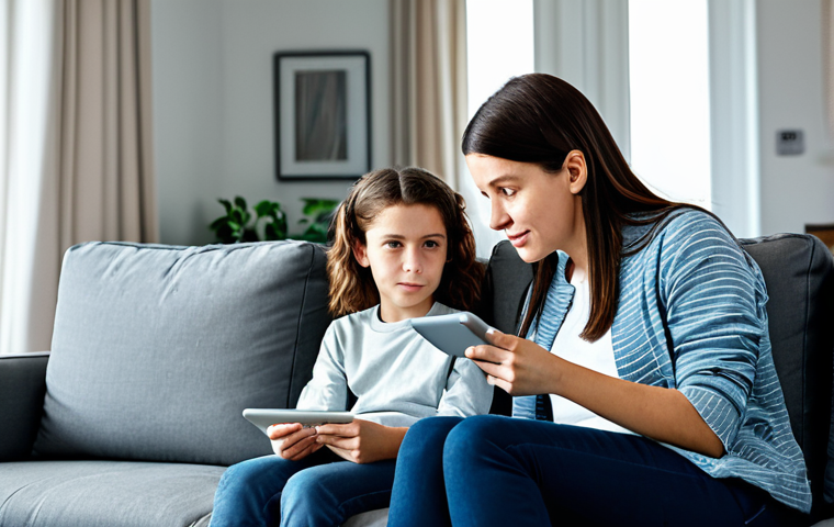 A caring adult mother and her pre-teen child. Both are fully clothed in modest, comfortable, appropriate attire. The mother wears smart casual clothing, and the child is in everyday school clothes. They are seated side-by-side on a sofa, looking at a tablet together. The mother gently points at the screen, engaging in a calm discussion with the child, who is listening intently. The scene conveys trust and open communication about online content, set in a brightly lit, modern living room with natural light. Professional photography, cinematic lighting, high detail, realistic, perfect anatomy, correct proportions, natural pose, well-formed hands, proper finger count, natural body proportions, safe for work, appropriate content, fully clothed, family-friendly.