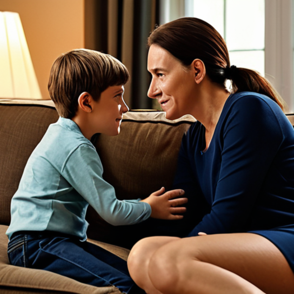 Empathetic Discussion**

"A mother and child sitting comfortably together on a couch, fully clothed, modest clothing, discussing the emotions of a character in an educational video they just watched, safe for work, appropriate content, perfect anatomy, natural proportions, family-friendly, warm lighting, cozy living room."

**