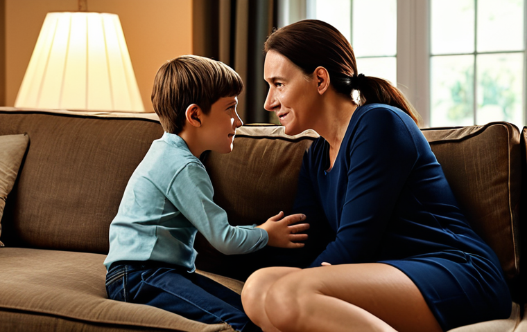 Empathetic Discussion**

"A mother and child sitting comfortably together on a couch, fully clothed, modest clothing, discussing the emotions of a character in an educational video they just watched, safe for work, appropriate content, perfect anatomy, natural proportions, family-friendly, warm lighting, cozy living room."

**