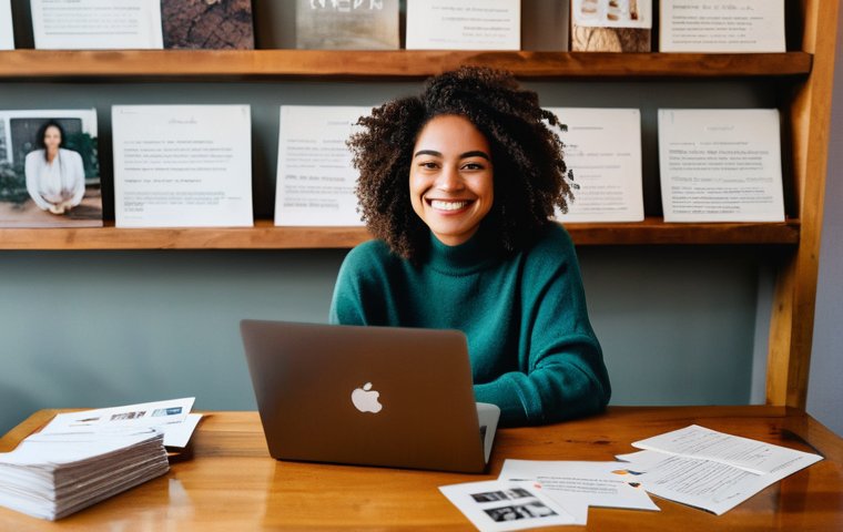 헤이지니의 팬 메일 소개 - A female content creator, in her late 20s, with a warm and genuine smile, is seated at a well-lit wo...