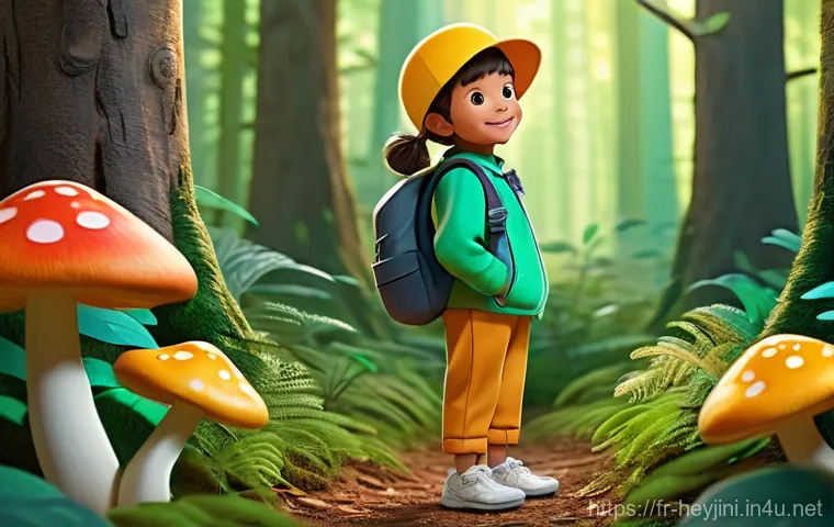 헤이지니 콘텐츠의 비주얼 기법 - **Prompt 1: Cheerful Forest Explorer**
    "A happy and curious cartoon child, approximately 7 years...