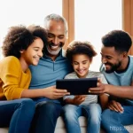 헤이지니와 관련된 온라인 커뮤니티 - **Prompt:** A diverse family, including two parents and two children (approx. 8 and 12 years old), i...