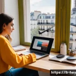 헤이지니 유튜브 성공 사례 분석 - A vibrant and modern YouTube content creator’s workspace in Paris, featuring a sleek desk with dual ...