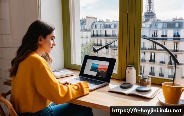 헤이지니 유튜브 성공 사례 분석 - A vibrant and modern YouTube content creator’s workspace in Paris, featuring a sleek desk with dual ...