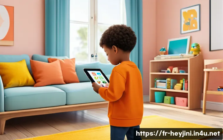 헤이지니의 공식 애플리케이션 - A bright and colorful children&rsquo;s app interface on a tablet screen, featuring large, easy-to-recogniz...