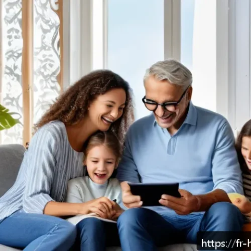 헤이지니와 가족과의 소통 콘텐츠 - A multigenerational French family gathered around a digital tablet in a cozy living room decorated w...