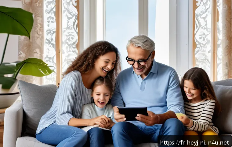 헤이지니와 가족과의 소통 콘텐츠 - A multigenerational French family gathered around a digital tablet in a cozy living room decorated w...
