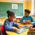 헤이지니 캐릭터와 교육철학 - A bright and colorful classroom scene in a French primary school, showing diverse children aged 6-8 ...