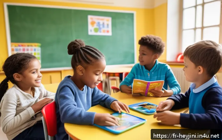 헤이지니 캐릭터와 교육철학 - A bright and colorful classroom scene in a French primary school, showing diverse children aged 6-8 ...