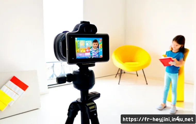 헤이지니와 유튜브 광고 전략 - Photorealistic French family-friendly video creator in a bright Paris studio, cheerful adult woman f...