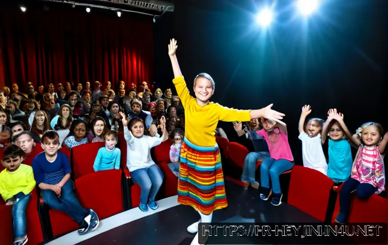 Home 17 헤이지니 팬 미팅 후기 - Photorealistic family-friendly fan meeting in a bright Paris community theater, a cheerful female ch...